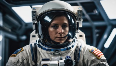 solo,looking at viewer,blue eyes,black hair,1boy,closed mouth,upper body,male focus,blurry,black eyes,blurry background,helmet,reflection,science fiction,realistic,space,american flag,spacesuit,japanese flag,space helmet,united states,astronaut,facial hair,portrait,planet,earth (planet),spacecraft