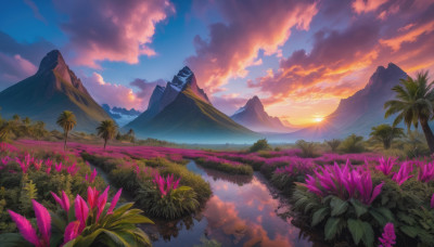 flower, outdoors, sky, cloud, water, tree, no humans, cloudy sky, plant, nature, scenery, reflection, sunset, mountain, sun, landscape, mountainous horizon