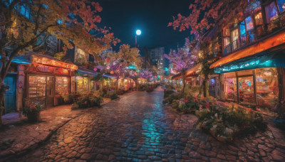 outdoors, sky, tree, no humans, window, night, moon, plant, building, star (sky), night sky, scenery, full moon, lantern, stairs, city, sign, potted plant, road, street, shop, pavement