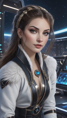 1girl,solo,long hair,breasts,looking at viewer,brown hair,long sleeves,cleavage,brown eyes,jewelry,medium breasts,closed mouth,jacket,upper body,braid,hairband,earrings,sky,indoors,necklace,lips,fur trim,window,makeup,night,white jacket,brooch,gem,star (sky),forehead,eyeshadow,science fiction,realistic,nose,artist name,signature,eyelashes,lipstick,pendant,starry sky,red lips