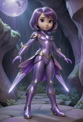 1girl,solo,breasts,looking at viewer,short hair,bangs,gloves,closed mouth,standing,purple eyes,full body,weapon,purple hair,small breasts,boots,outdoors,armor,tree,lips,bodysuit,night,moon,grass,shoulder armor,nature,full moon,forest,pauldrons,armored boots,purple gloves,faulds,purple bodysuit,sword,high heels,watermark,child,breastplate