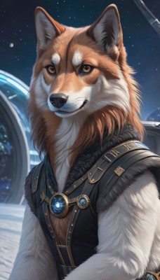 solo,looking at viewer,1boy,brown eyes,jewelry,upper body,male focus,outdoors,sky,vest,fur trim,no humans,night,animal,brooch,gem,star (sky),furry,pendant,starry sky,dog,fantasy,space,animal focus,planet,fur,fluffy,realistic,earth (planet)