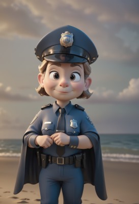 1girl,solo,looking at viewer,smile,short hair,brown hair,shirt,hat,brown eyes,closed mouth,standing,jacket,outdoors,necktie,sky,collared shirt,belt,pants,cloud,cape,blurry,uniform,blurry background,ocean,beach,thick eyebrows,cloudy sky,blue shirt,child,black necktie,blue headwear,pocket,blue necktie,sand,blue pants,female child,brown belt,breast pocket,badge,police,police uniform,policewoman,police hat,patch,1boy,weapon,male focus,wing collar,pouch,holster,male child