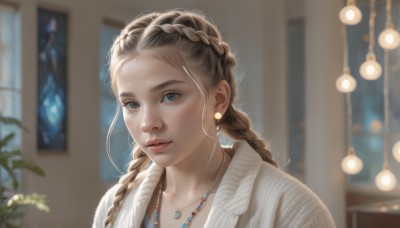 1girl,solo,long hair,looking at viewer,blue eyes,brown hair,jewelry,upper body,braid,earrings,parted lips,indoors,necklace,blurry,twin braids,sweater,lips,eyelashes,window,depth of field,blurry background,plant,portrait,forehead,freckles,realistic,nose,multiple braids,collarbone,makeup,sunlight,cardigan,lipstick,backlighting,red lips,light,crown braid,bokeh,mascara