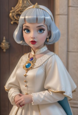 1girl,solo,breasts,looking at viewer,short hair,bangs,blue eyes,long sleeves,dress,jewelry,standing,upper body,white hair,grey hair,earrings,parted lips,puffy sleeves,shiny,artist name,indoors,blunt bangs,nail polish,white dress,blurry,collar,lips,eyelashes,makeup,capelet,blurry background,bob cut,own hands together,tiara,crown,lipstick,brooch,gem,red nails,eyeshadow,gold trim,red lips,white capelet,princess,blue hair,hairband,small breasts,cape,ring,realistic