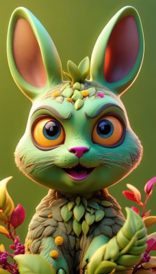 solo,looking at viewer,smile,open mouth,blue eyes,simple background,animal ears,upper body,flower,artist name,blurry,gradient,gradient background,no humans,:3,animal,leaf,happy,plant,furry,colored sclera,green background,yellow sclera,whiskers,buck teeth,food,rabbit ears,watermark,cat,web address,rabbit,animal focus