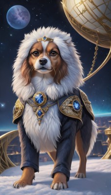 solo,brown eyes,jewelry,standing,full body,outdoors,sky,hood,armor,no humans,night,animal,moon,brooch,shoulder armor,gem,star (sky),night sky,snow,full moon,starry sky,pauldrons,dog,animal focus,planet,blue gemstone,clothed animal,looking at viewer,realistic,space