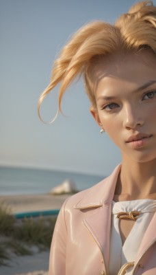 1girl,solo,looking at viewer,short hair,blonde hair,jewelry,jacket,upper body,earrings,outdoors,parted lips,sky,day,blurry,blue sky,lips,grey eyes,depth of field,blurry background,ocean,wind,portrait,close-up,freckles,realistic,nose,smile,blue eyes,shirt,closed mouth,white shirt,artist name,water,necklace,eyelashes,beach,backlighting,brown jacket