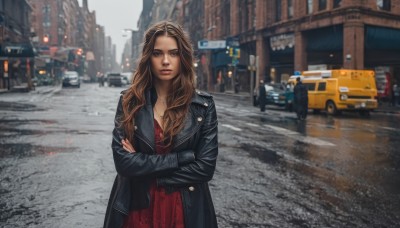 1girl,solo,long hair,looking at viewer,blue eyes,brown hair,dress,brown eyes,jewelry,jacket,outdoors,open clothes,solo focus,necklace,blurry,lips,coat,black jacket,blurry background,crossed arms,red dress,ground vehicle,building,motor vehicle,city,realistic,car,road,leather,street,leather jacket,photo background,real world location,breasts,long sleeves,cleavage,medium breasts,standing,day,depth of field,rain