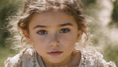 1girl,solo,looking at viewer,short hair,blue eyes,blonde hair,brown hair,closed mouth,blurry,lips,grey eyes,depth of field,blurry background,wavy hair,portrait,close-up,freckles,curly hair,realistic,nose,pointy ears,eyelashes,floating hair,expressionless,elf,wind