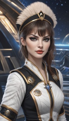 1girl,solo,long hair,breasts,looking at viewer,bangs,brown hair,shirt,hat,brown eyes,jewelry,medium breasts,closed mouth,white shirt,upper body,earrings,necklace,uniform,vest,lips,makeup,lipstick,star (sky),science fiction,hoop earrings,realistic,nose,red lips,space,gem