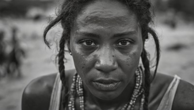 1girl,solo,looking at viewer,smile,bare shoulders,jewelry,monochrome,upper body,braid,greyscale,earrings,parted lips,teeth,dark skin,necklace,blurry,twin braids,dark-skinned female,lips,depth of field,blurry background,portrait,forehead,freckles,realistic,very dark skin,dreadlocks,long hair,sharp teeth,close-up