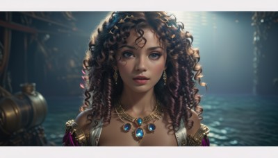 1girl,solo,long hair,looking at viewer,blue eyes,brown hair,black hair,hair ornament,bare shoulders,jewelry,closed mouth,collarbone,upper body,earrings,dark skin,necklace,blurry,dark-skinned female,lips,grey eyes,eyelashes,makeup,blurry background,wavy hair,messy hair,gem,portrait,curly hair,realistic,nose,red lips,watercraft,straight-on,gold,parted lips,water,depth of field,watermark,scenery,backlighting,pink lips