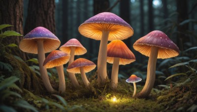 outdoors,blurry,tree,no humans,night,depth of field,blurry background,glowing,grass,plant,nature,scenery,forest,mushroom,day,sunlight