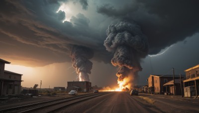 outdoors,sky,cloud,no humans,cloudy sky,fire,ground vehicle,building,scenery,motor vehicle,smoke,sunset,monster,city,car,road,giant,explosion,house,power lines,street,destruction,tree,window,truck