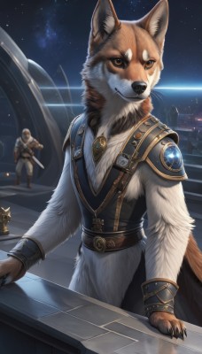 1boy,brown eyes,jewelry,closed mouth,standing,tail,weapon,male focus,outdoors,multiple boys,sky,solo focus,belt,sword,artist name,armor,vest,night,animal,helmet,shoulder armor,gem,star (sky),night sky,furry,starry sky,pauldrons,dog,fantasy,vambraces,space,bracer,furry male,planet,spacecraft,fangs,faceless,shield,faceless male,stairs,realistic