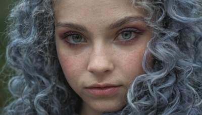 1girl,solo,long hair,looking at viewer,closed mouth,green eyes,blue hair,white hair,grey hair,lips,grey eyes,eyelashes,wavy hair,portrait,close-up,freckles,curly hair,realistic,nose,eye focus,blush,expressionless