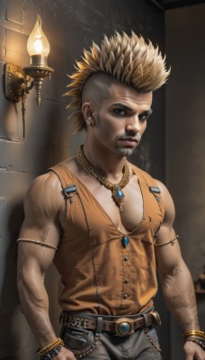 solo,looking at viewer,blonde hair,shirt,1boy,brown eyes,jewelry,closed mouth,standing,male focus,cowboy shot,earrings,sleeveless,belt,pants,signature,necklace,bracelet,lips,tattoo,muscular,facial hair,piercing,ring,suspenders,pectorals,denim,muscular male,spiked hair,armlet,jeans,realistic,nose,candle,orange shirt,mohawk,vest,fire,ear piercing,veins,stitches,chest hair