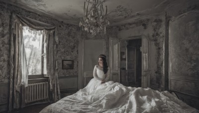 1girl,solo,long hair,looking at viewer,bangs,black hair,long sleeves,dress,sitting,indoors,white dress,dutch angle,window,bed,on bed,curtains,scenery,realistic,long dress,wide shot,white theme,chandelier,grey theme,hat,monochrome,bed sheet,painting (object),canopy bed