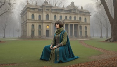 1girl,solo,short hair,bangs,brown hair,black hair,long sleeves,1boy,dress,brown eyes,jewelry,sitting,male focus,outdoors,day,necklace,scarf,cape,tree,bob cut,grass,building,nature,scenery,pendant,house,bare tree,closed mouth,closed eyes,flower,sky,cloud,blunt bangs,window,ring,own hands together,cloak,wide shot,fog,green scarf