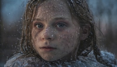 1girl,solo,long hair,looking at viewer,blue eyes,blonde hair,brown hair,closed mouth,outdoors,blurry,lips,wet,grey eyes,depth of field,blurry background,portrait,snow,close-up,freckles,rain,snowing,realistic,nose,wet hair,braid,water,fur trim,dirty