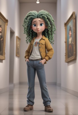 1girl,solo,long hair,looking at viewer,smile,blue eyes,shirt,long sleeves,closed mouth,standing,jacket,full body,white shirt,boots,green hair,open clothes,shoes,belt,pants,indoors,flat chest,open jacket,lips,brown footwear,denim,child,reflection,curly hair,brown jacket,jeans,mirror,hands in pockets,blue pants,tiles,female child,tile floor,yellow jacket