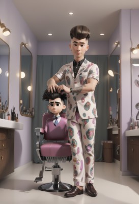 brown hair,shirt,black hair,jewelry,sitting,standing,full body,male focus,multiple boys,necktie,shoes,indoors,2boys,black eyes,chair,formal,suit,curtains,pajamas,mirror,lamp,comb,hairdressing,brushing hair,1girl,smile,1boy,vest,siblings,aged down,child,male child,stool