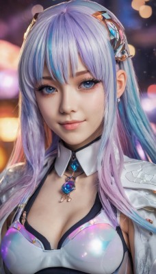 1girl,solo,long hair,breasts,looking at viewer,smile,bangs,blue eyes,hair ornament,cleavage,jewelry,medium breasts,closed mouth,blue hair,upper body,multicolored hair,earrings,artist name,blurry,two-tone hair,lips,eyelashes,detached collar,blurry background,gem,realistic,nose,bokeh,purple hair,sidelocks,shiny,signature,necklace,armor,streaked hair,makeup,depth of field,watermark,light smile,light purple hair