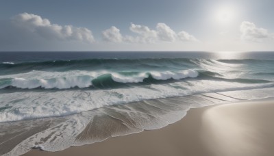 monochrome,outdoors,sky,day,cloud,water,blue sky,no humans,ocean,beach,cloudy sky,scenery,mountain,sand,sun,horizon,waves,landscape,shore,sunlight