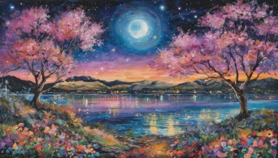 flower,outdoors,sky,cloud,water,tree,petals,no humans,night,moon,grass,cherry blossoms,red flower,star (sky),nature,night sky,scenery,full moon,pink flower,starry sky,reflection,mountain,river,landscape,lake,orange flower,plant,field,mountainous horizon