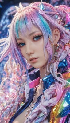 1girl,solo,long hair,breasts,looking at viewer,bangs,blue eyes,large breasts,hair ornament,cleavage,jewelry,blue hair,upper body,pink hair,braid,multicolored hair,earrings,parted lips,artist name,necklace,blurry,lips,streaked hair,eyelashes,single braid,makeup,depth of field,blurry background,crown,portrait,realistic,nose,jacket,purple hair,white hair,sidelocks,gradient hair,gem,crystal