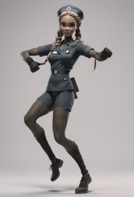 1girl,solo,long hair,breasts,looking at viewer,smile,blue eyes,blonde hair,simple background,brown hair,gloves,hat,standing,full body,braid,short sleeves,pantyhose,small breasts,boots,shoes,shorts,black gloves,belt,dark skin,grey background,black footwear,uniform,twin braids,dark-skinned female,lips,military,military uniform,shadow,standing on one leg,hair over shoulder,clenched hands,pouch,nurse cap,shirt,white background,twintails,medium breasts,black shorts,thick eyebrows,bike shorts,black belt