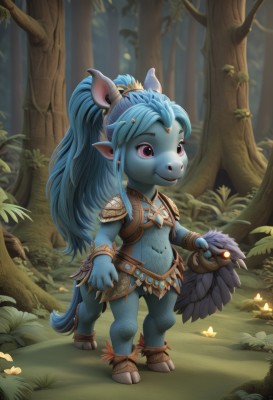 1girl,solo,long hair,smile,navel,holding,animal ears,jewelry,blue hair,standing,purple eyes,tail,full body,ponytail,weapon,outdoors,pointy ears,pink eyes,armor,tree,colored skin,bug,feathers,shoulder armor,butterfly,nature,furry,forest,pauldrons,blue skin,furry female,fewer digits,hooves,horns,midriff,artist name,blue fur