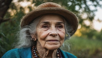 1girl,solo,long hair,looking at viewer,hat,jewelry,closed mouth,white hair,grey hair,earrings,outdoors,artist name,signature,necklace,blurry,lips,depth of field,blurry background,portrait,realistic,straw hat,old,old man,pearl necklace,old woman,wrinkled skin,dress,brown eyes,black eyes,tree,grey eyes,makeup,lipstick,beads,sun hat,bead necklace