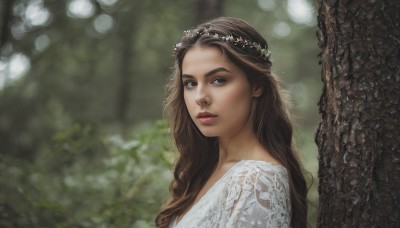 1girl,solo,long hair,looking at viewer,blue eyes,brown hair,hair ornament,dress,upper body,flower,outdoors,parted lips,white dress,blurry,tree,lips,depth of field,blurry background,wavy hair,nature,freckles,realistic,nose,head wreath,day,from side,sunlight,portrait,forest