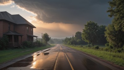 outdoors,sky,day,cloud,tree,no humans,window,cloudy sky,grass,building,nature,scenery,sunset,road,bush,house,power lines,street,utility pole,evening,path,sunlight,mountain