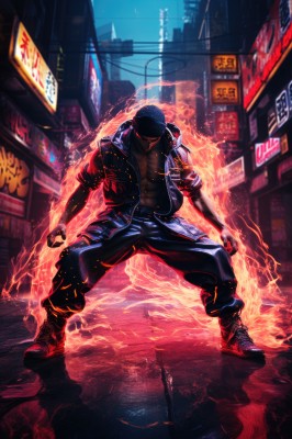 solo,red eyes,1boy,hat,standing,jacket,full body,male focus,outdoors,open clothes,sky,shoes,pants,open jacket,muscular,night,glowing,black pants,abs,fire,muscular male,building,sneakers,glowing eyes,baseball cap,reflection,city,baggy pants,cyberpunk,neon lights,shirt,boots,clenched hand,clenched hands,smoke,sign,road,aura,glowing eye,street,lightning,puddle