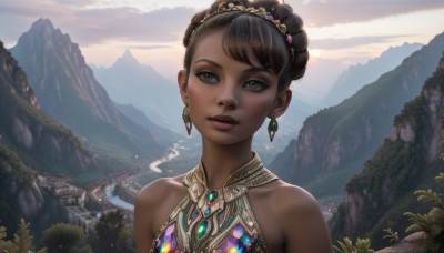 1girl,solo,looking at viewer,short hair,brown hair,black hair,bare shoulders,brown eyes,jewelry,collarbone,upper body,earrings,outdoors,parted lips,sky,teeth,day,cloud,dark skin,necklace,hair bun,black eyes,dark-skinned female,tree,lips,grey eyes,eyelashes,makeup,tiara,gem,portrait,nature,scenery,mountain,realistic,very dark skin,mountainous horizon,bangs,flower,no humans,landscape