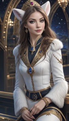 1girl,solo,long hair,breasts,looking at viewer,smile,brown hair,long sleeves,animal ears,brown eyes,jewelry,sitting,closed mouth,earrings,belt,pants,cat ears,necklace,blurry,bracelet,lips,coat,fur trim,tiara,crown,gem,white pants,white coat,red lips,thighhighs,dress,medium breasts,indoors,makeup,blurry background,forehead,realistic,nose,gold,red gemstone