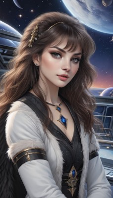 1girl,solo,long hair,breasts,looking at viewer,brown hair,hair ornament,long sleeves,dress,cleavage,brown eyes,jewelry,medium breasts,upper body,hairband,earrings,parted lips,sky,artist name,signature,necklace,lips,coat,fur trim,makeup,night,watermark,wavy hair,moon,thick eyebrows,gem,star (sky),night sky,pendant,starry sky,freckles,realistic,nose,red lips,space,planet,earth (planet),bangs,shirt,jacket,eyelashes