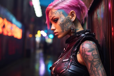 1girl,solo,breasts,short hair,jewelry,medium breasts,closed mouth,upper body,pink hair,earrings,sleeveless,blurry,vest,from side,lips,eyelashes,tattoo,profile,makeup,depth of field,blurry background,piercing,lipstick,ear piercing,eyeshadow,realistic,nose,eyeliner,arm tattoo,leather,shoulder tattoo,undercut,facial tattoo,mascara,neck tattoo,nose piercing,neon lights,bare shoulders,green eyes,zipper,very short hair,eyebrow piercing