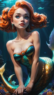 1girl,solo,long hair,breasts,looking at viewer,blush,blue eyes,cleavage,bare shoulders,jewelry,medium breasts,closed mouth,collarbone,red hair,earrings,artist name,signature,water,orange hair,lips,strapless,makeup,watermark,sunlight,monster girl,web address,freckles,fish,curly hair,v arms,light rays,underwater,realistic,nose,red lips,scales,air bubble,mermaid,shell,coral,parted lips,bare arms,animal,strapless dress