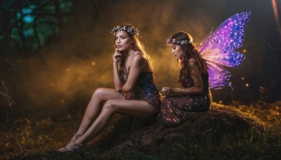 long hair,breasts,multiple girls,blonde hair,brown hair,black hair,hair ornament,dress,2girls,bare shoulders,brown eyes,jewelry,sitting,braid,flower,wings,barefoot,sleeveless,artist name,signature,hair flower,necklace,blurry,bracelet,from side,lips,bare legs,tattoo,depth of field,grass,nature,realistic,anklet,fairy wings,fairy,head wreath,butterfly wings,blue eyes,makeup,sandals,bug,dark