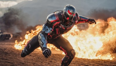 solo,red eyes,gloves,1boy,male focus,outdoors,armor,bodysuit,glowing,helmet,fire,glowing eyes,motor vehicle,smoke,explosion,power armor,ground vehicle,military vehicle,superhero,photo background