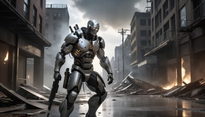 HQ,solo,1boy,holding,standing,weapon,male focus,outdoors,sky,cloud,holding weapon,armor,gun,no humans,glowing,helmet,cloudy sky,fire,robot,building,holding gun,mecha,rifle,smoke,science fiction,rain,city,realistic,ruins,power lines,power armor,power suit,sword,orange eyes,glowing eyes,handgun,assault rifle,cyborg,utility pole