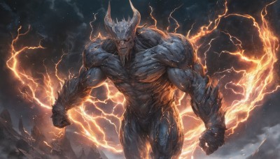 solo,looking at viewer,1boy,standing,yellow eyes,male focus,outdoors,horns,sky,teeth,cloud,no humans,muscular,glowing,colored skin,abs,muscular male,glowing eyes,clenched hands,veins,monster,rock,blue skin,electricity,giant,lightning,demon,molten rock,night,fangs,fire,star (sky),multiple horns