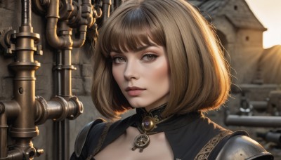 1girl,solo,looking at viewer,short hair,bangs,brown hair,brown eyes,jewelry,closed mouth,upper body,outdoors,choker,artist name,armor,blurry,lips,eyelashes,blurry background,bob cut,brooch,shoulder armor,portrait,pauldrons,realistic,nose,steampunk,necklace,sunlight