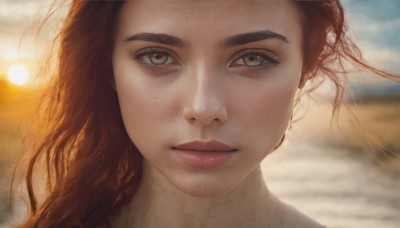 1girl,solo,long hair,looking at viewer,brown hair,closed mouth,green eyes,outdoors,sky,day,cloud,mole,blurry,lips,eyelashes,depth of field,blurry background,ocean,sunlight,portrait,close-up,freckles,realistic,nose,sun,mole on cheek,watermark,wind,mole under mouth,backlighting,sunset