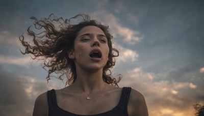 1girl,solo,long hair,open mouth,blue eyes,brown hair,black hair,bare shoulders,collarbone,upper body,sweat,outdoors,sky,teeth,cloud,dark skin,mole,dark-skinned female,lips,floating hair,upper teeth only,cloudy sky,tank top,looking up,messy hair,freckles,curly hair,realistic,nose,black tank top,very dark skin,jewelry,necklace,wind,dirty