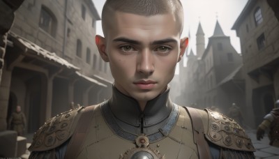 looking at viewer,short hair,brown hair,1boy,brown eyes,closed mouth,upper body,male focus,outdoors,multiple boys,solo focus,artist name,armor,blurry,lips,shoulder armor,building,portrait,freckles,pauldrons,realistic,bald,very short hair,solo,helmet,fantasy